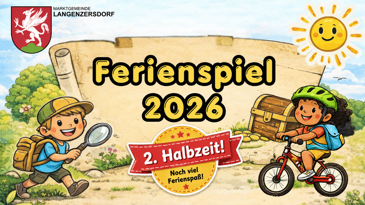 Eine Werbung für Ferienspiel 2026 mit einem Schatzkiste, einem Jungen mit einer Lupe und einem roten Fahrrad. Der Text lautet '2. Halbzeit!' und 'Noch viel Ferienspaß!'.