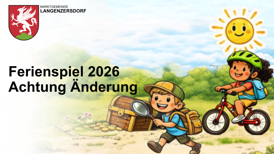 Eine Cartoon-Bild von zwei Kindern, eines fährt Fahrrad und das andere läuft mit einer Lupe, in der Nähe eines Schatzkisten und einer lächelnden Sonne. Der Text lautet 'Schatzsuche 2026 Änderung'.