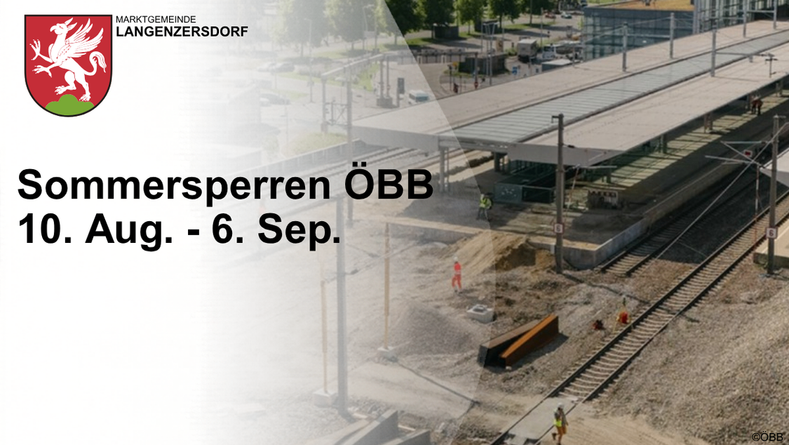 Baustelle mit Arbeitern in orangen Westen an einem Bahnhof. Der Text lautet 'ersperren ÖBB' und 'g. - 6. Sep.' mit einem Datumsbereich.