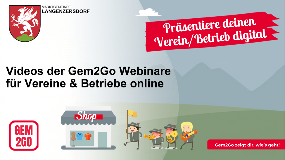 Eine Werbung für Gem2Go-Webinare, mit einem Geschäft, einer Fahne und Musikern, mit Text auf Deutsch und Englisch.