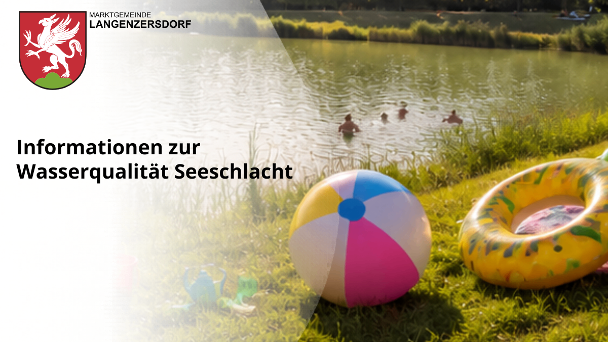Eine lebhafte Strandszene mit einem bunten Strandball auf dem Gras, Menschen, die im See schwimmen, und einem unscharfen Hintergrund mit den Worten 'Genzersdorf'.