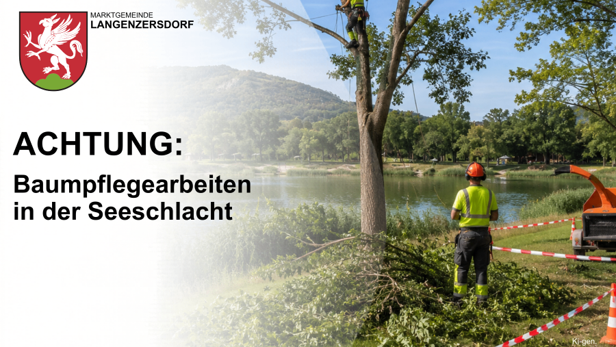 Ein Arbeiter beschneidet einen Baum am See mit einem Berg im Hintergrund. Ein Schild steht 'PUMPFLEGEARBEITEN DER SEESCHLACHT'. Ein weiterer Arbeiter steht in der Nähe.