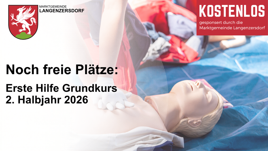 Werbeanzeige für einen Erste-Hilfe-Grundkurs in Langenzersdorf mit einem Bild einer Person, die auf einem Übungsdummy CPR durchführt.