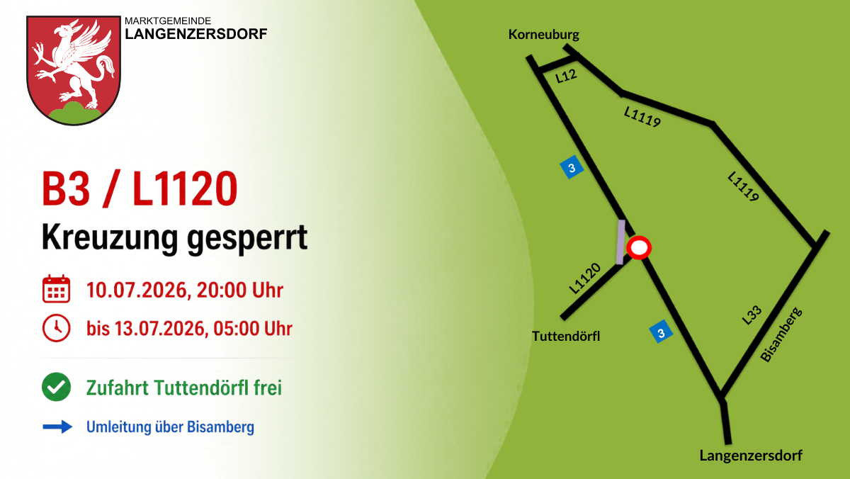 Karte zeigt die Route von Korneburg nach Tuttendor. Sie ist am 26. vom 20:00 bis 05:00 geschlossen. Die Route führt über Bisamberg.