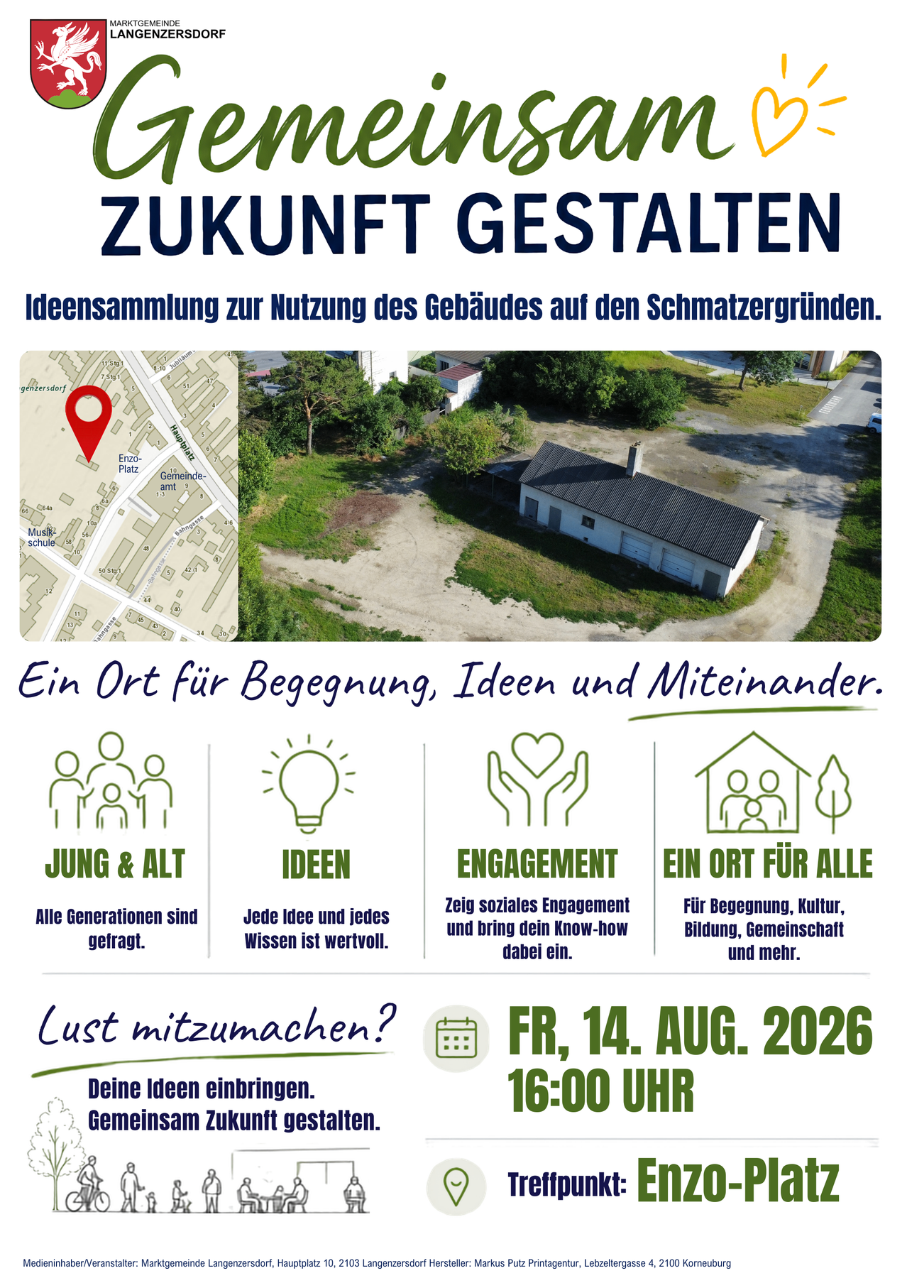 Poster for an event titled Zukunft Gestalten. It includes a map, a house image, and a date. The event encourages participation from all generations, ideas, and social engagement. Date is Friday, August 14, 2026.