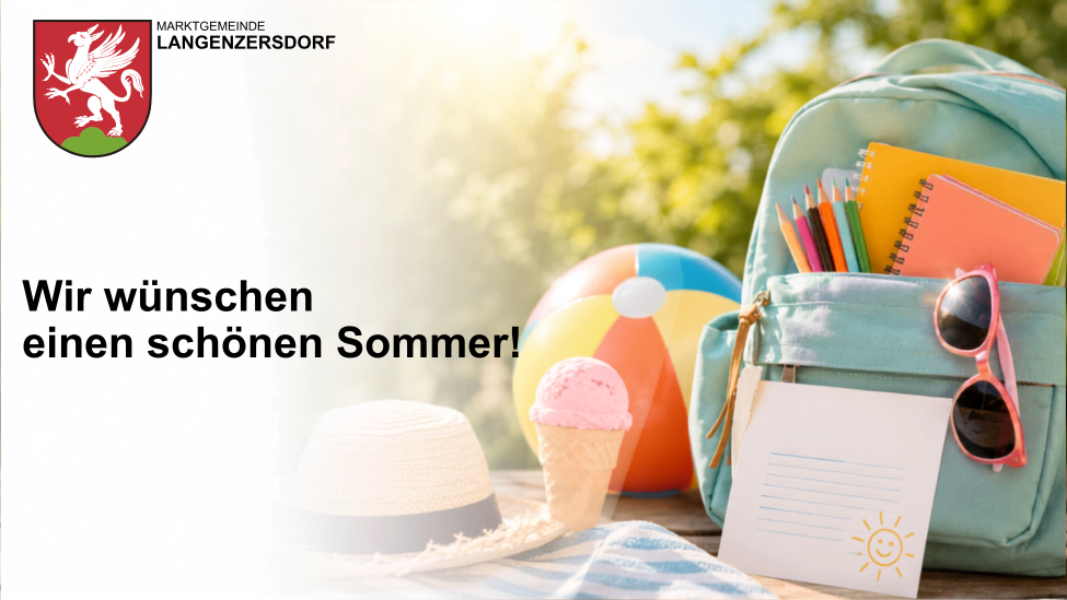 A colorful backpack, beach ball, ice cream, and hat on a table with text in German wishing for a beautiful summer.