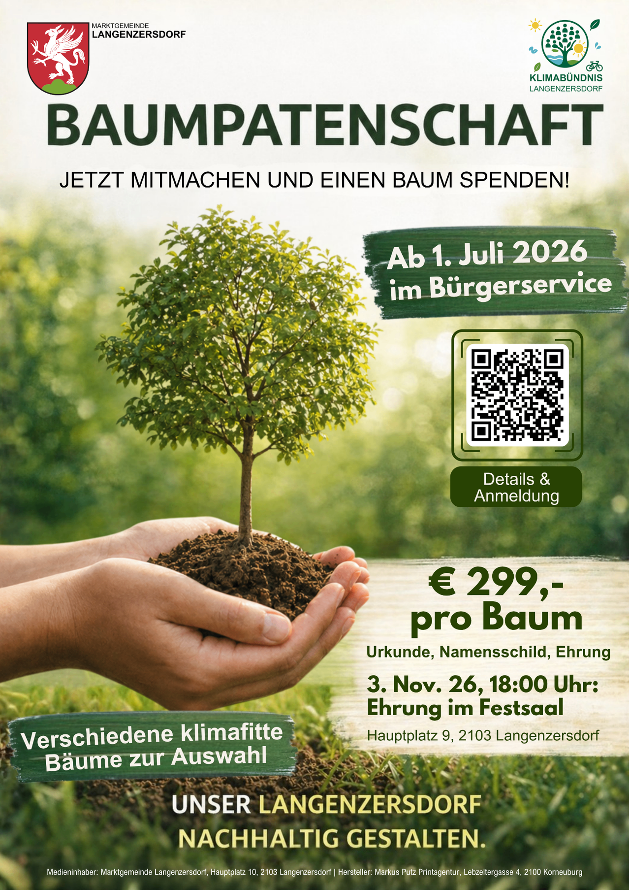Join the tree planting initiative! From July 1, 2026, available in the Bürgerservice. €299 per tree includes certificate, name plaque, dedication. November 3, 2026, 18:00 at Festsaal Hauptplatz 9, 2103 Langenzersdorf. QR code for details and registration.