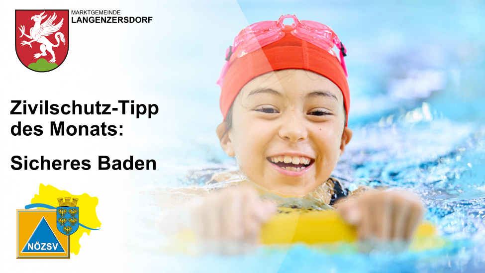 A smiling child in swimming gear floats in a pool. The image promotes a 'Safety Tip of the Month' and mentions 'Public Bathing'. The top left corner displays the logo of 'Marktgemeinde Langenzersdorf'.