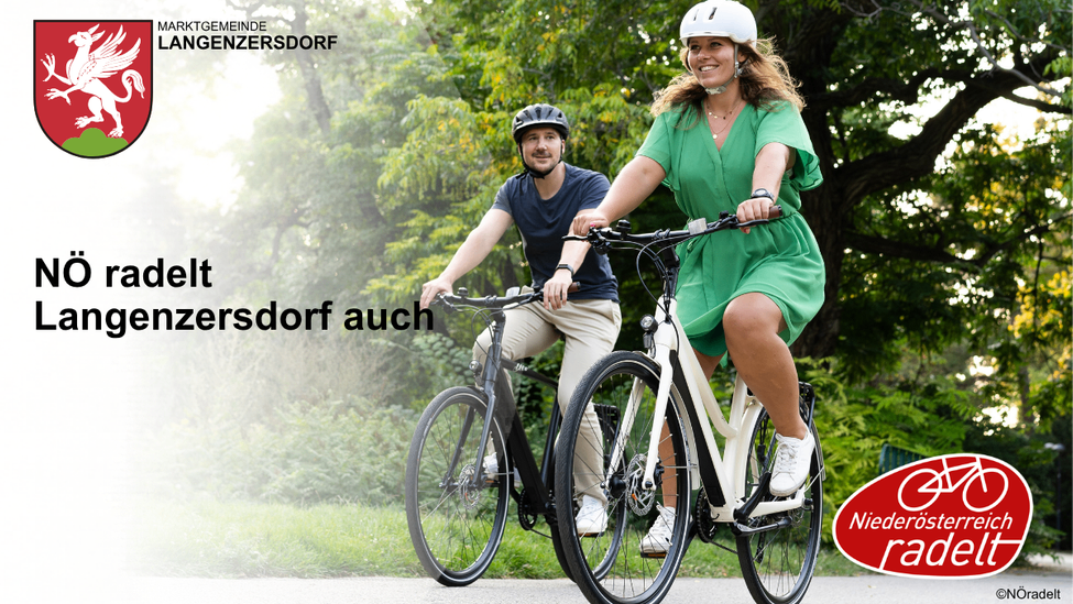 A man and woman are riding bicycles on a path, wearing helmets, in Langenzersdorf. The background features trees and a logo for 'Marktgemeinde Langenzersdorf'.