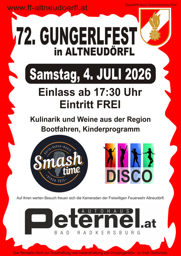 Plakat für die 72. Gungerlis-Veranstaltung in Altneudorf, die am 4. Juli 2026 stattfindet. Der Eintritt ist frei, der Einlass beginnt um 17:30 Uhr. Mit regionaler Küche und Wein, Bootsfahrten und Kinderprogramm. Smash Time Logo inklusive.