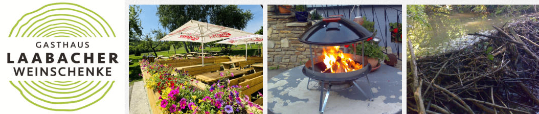 Drei Bilder zeigen einen Garten mit Blumen, eine Terrasse mit Sonnenschirmen und Bänken und einen Kamin mit Feuer.