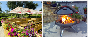 Drei Bilder zeigen einen Garten mit Blumen, eine Terrasse mit Sonnenschirmen und Bänken und einen Kamin mit Feuer.