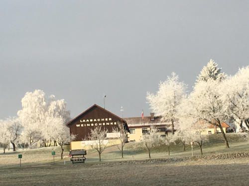Ein Gebäude mit den Worten Laabacher Weinschenke, umgeben von frostbedeckten Bäumen und einem bewölkten Himmel.