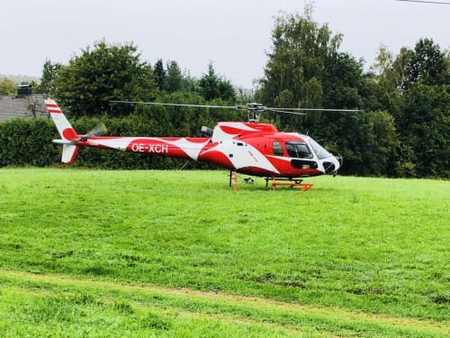 Ein rot-weißer Hubschrauber mit dem Kennzeichen OE-XCH steht auf einem grünen Feld, mit einem Hecken- und Baumbestand im Hintergrund.