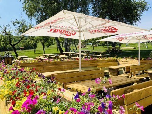 Outdoor-Sitzbereich mit weißen Sonnenschirmen und bunten Blumen, umgeben von Holzbänken und Tischen, mit einem Grasfeld im Hintergrund.