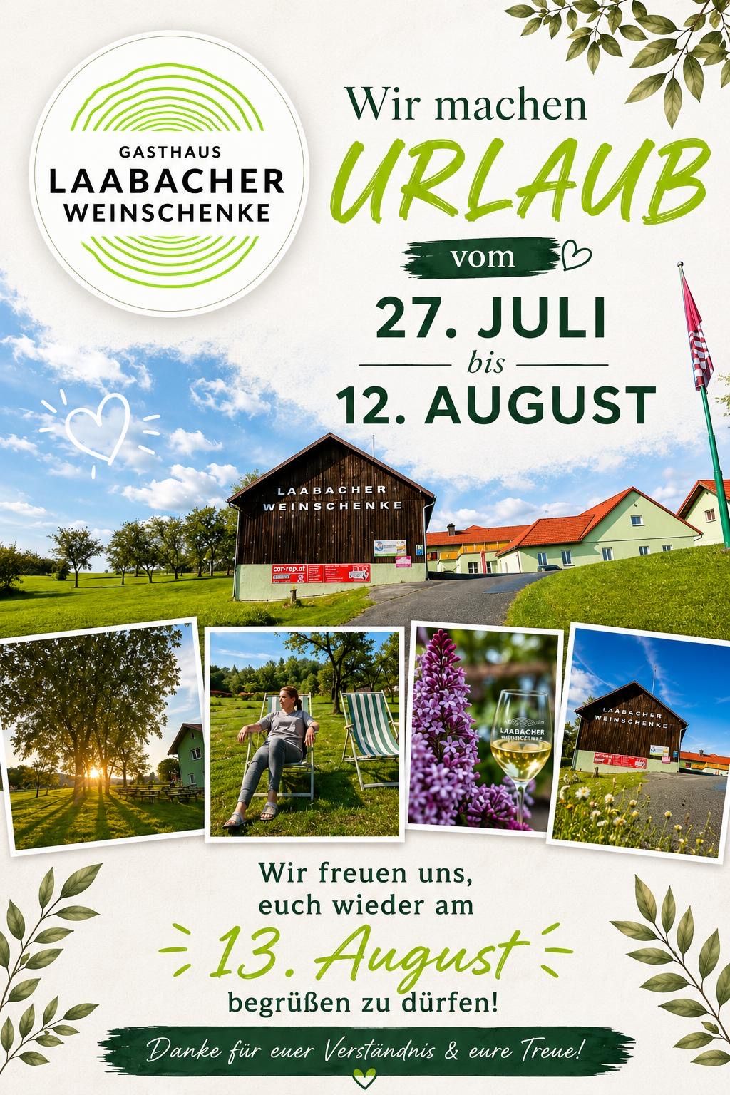 A poster for Laabacher Weinschenke vacation from July 27 to August 12, featuring a woman sitting on a chair, a wine glass, and a building with a flag.