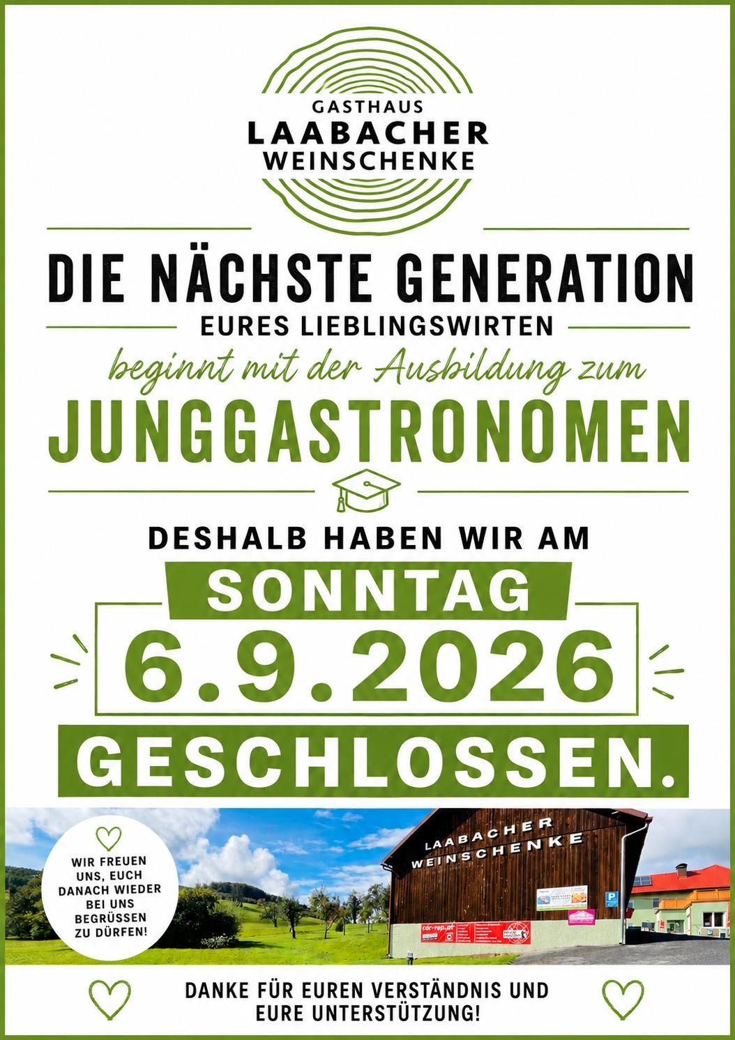 Ein Werbeplakat für eine Weinveranstaltung mit dem Titel 'Die nächste Generation eures Lieblingswirten'. Es kündigt die Ausbildung junger Gastronomen an und ist am Sonntag, 6. September 2026, geschlossen.