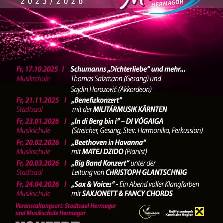 Plakat für Hermagor Veranstaltungen 2025/2026 mit Musikkonzerten verschiedener Künstler und Terminen. Es beinhaltet Schumanns 'Dichterliebe', ein Militärmusikkonzert und ein Big-Band-Konzert. Das Plakat wird von Raiffeisenbank gesponsert.