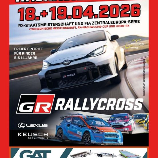 Ein Plakat für das GR Rallycross-Event am 18. und 19. April 2026, mit Toyota-Autos auf einer Rennstrecke. Eintritt für Kinder unter 14 Jahren ist frei.