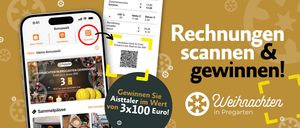 Eine Anzeige zeigt einen Beleg und ein Smartphone mit einem Zahlungs-QR-Code. Der Beleg zeigt einen Gesamtbetrag von 13,90 Euro, einschließlich 20% MwSt., mit einem Nettobetrag von 11,58 Euro und Steuern von 2,32 Euro. Er zeigt auch eine Zahlung von 20,00 Euro mit einem Abzug von 6,10 Euro. Die Anzeige hebt einen Preis von 3x100 Euro hervor.