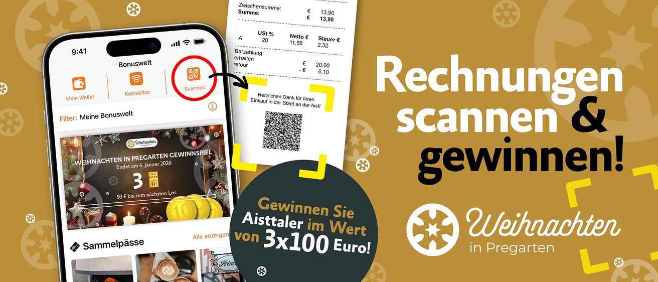 Eine Anzeige zeigt einen Beleg und ein Smartphone mit einem Zahlungs-QR-Code. Der Beleg zeigt einen Gesamtbetrag von 13,90 Euro, einschließlich 20% MwSt., mit einem Nettobetrag von 11,58 Euro und Steuern von 2,32 Euro. Er zeigt auch eine Zahlung von 20,00 Euro mit einem Abzug von 6,10 Euro. Die Anzeige hebt einen Preis von 3x100 Euro hervor.