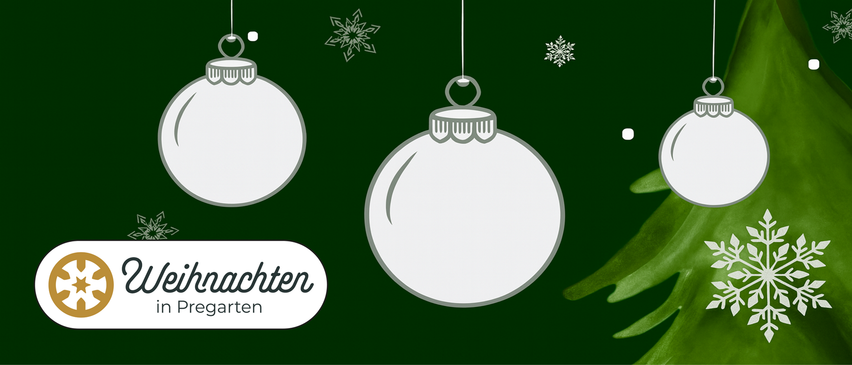 Ein grüner Hintergrund mit weißen Weihnachtskugeln, die daran hängen. Schneeflocken und ein weißes Wort 'chten' erscheinen im Bild.