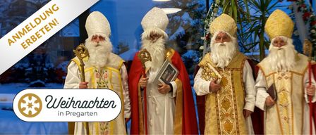 Drei Personen, gekleidet als Bischöfe, stehen vor einem verschneiten Hintergrund. Jeder hält ein Buch. Die zentrale Figur trägt eine rote Robe und einen goldenen Stab.