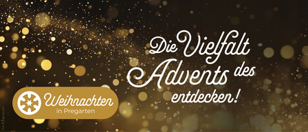 Ein goldener Bokeh-Hintergrund zeigt den Text 'Die vielen Adventen entdecken' in weiß, was auf ein festliches und erkundendes Thema hinweist. Darunter befindet sich ein goldener Kreis.
