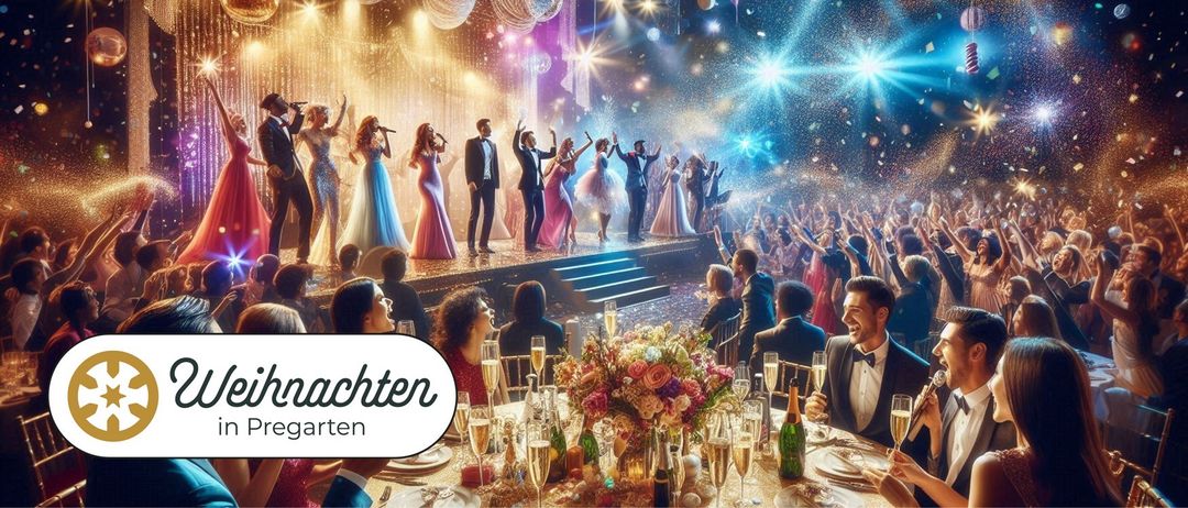 Eine lebhafte Feier mit Künstlern auf der Bühne, Konfetti und einer festlichen Atmosphäre. Gäste genießen Champagner und Blumen an den Tischen.