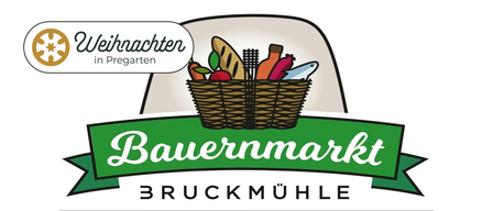 Eine Illustration eines Korbes gefüllt mit Brot, Gemüse und Fisch. Darüber eine Sprechblase mit 'Lichten'. Darunter steht 'Bauernmarkt BRUCK MUHLE'.