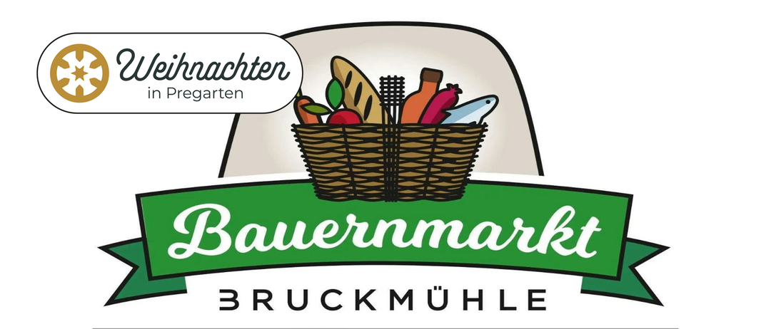 Eine Illustration eines Korbes gefüllt mit Brot, Gemüse und Fisch. Darüber eine Sprechblase mit 'Lichten'. Darunter steht 'Bauernmarkt BRUCK MUHLE'.