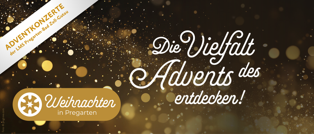 Ein dunkler Hintergrund mit goldenen Lichtern und einem goldenen Oval. Die Worte 'Die vielen Adventen entdecken' sind in weiß geschrieben.