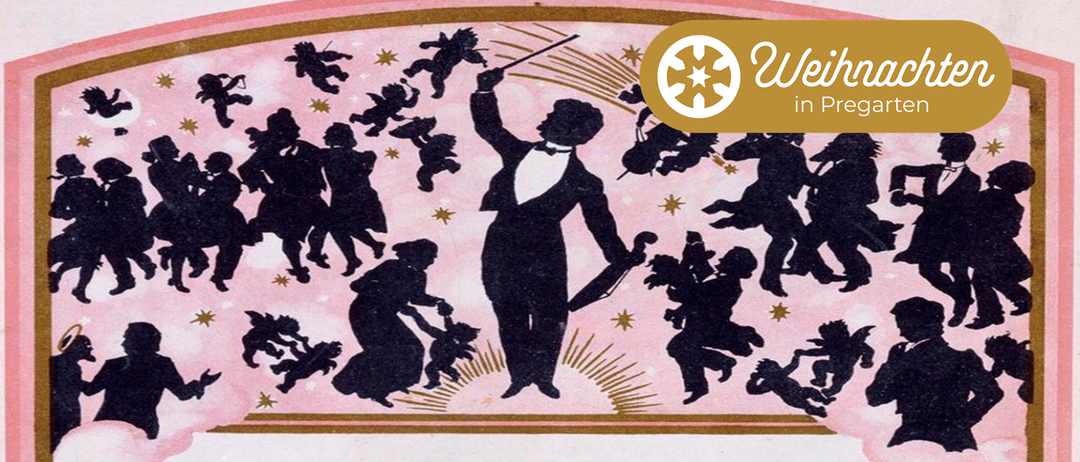 Eine Illustration eines Mannes mit einem Dirigentenstab, der schattige Figuren dirigiert, die auf einem rosa Hintergrund mit Sternen tanzen und Instrumente spielen.