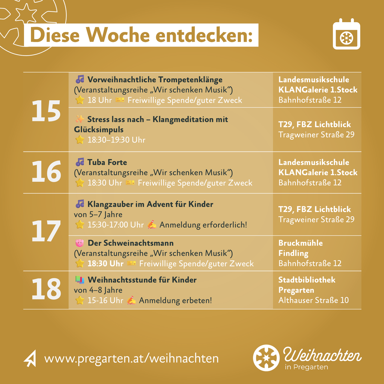 Wöchentlicher Veranstaltungskalender mit Aktivitäten wie Adventsmusik für Kinder, Weihnachtsgottesdienst und Weihnachtswerkstatt für Kinder. Details zu Zeiten und Orten.