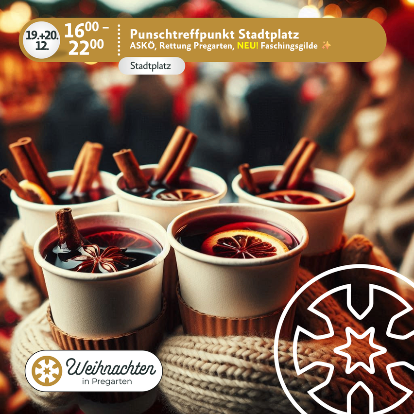 Ein Plakat zeigt eine Sammlung von Tassen, die mit einem warmen Getränk gefüllt sind, gewürzt mit Zimtstangen und Sternanis, und einem Schneeflocken-Logo. Das Plakat zeigt auch das Datum 19-20.12.2022 und die Uhrzeit 16:00-22:00.