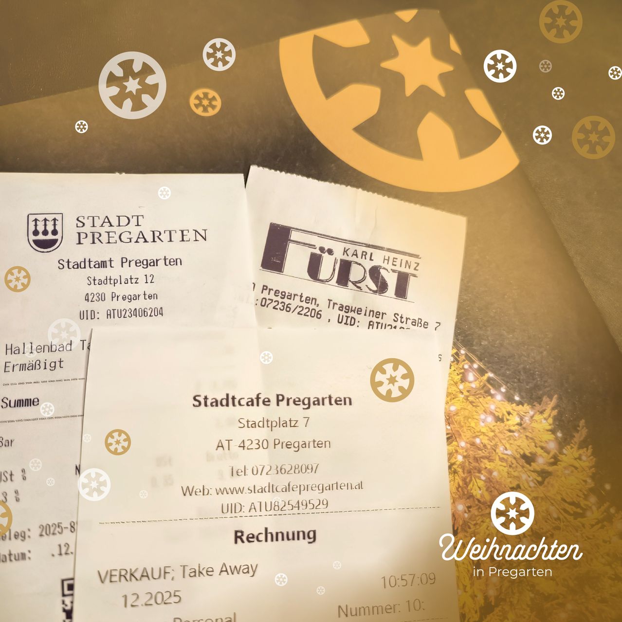 Zwei Quittungen vom Stadtcafe Pregarten, eine mit einem Kauf am 12.2.2025. Die Quittung zeigt einen gelben Stern und Schneeflocken und enthält Kontaktinformationen für das Café.