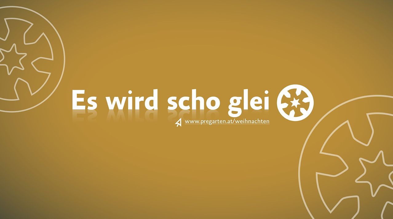 Brown background with white text reading 's wird scho glei'. A circular logo with stars in the middle and a website link at the bottom.
