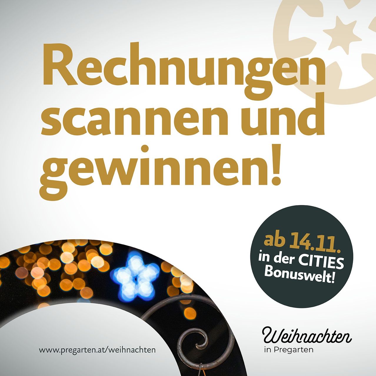 A poster for a Christmas campaign with a black and blue background. It features the text 'Scan and win!' and a website link. There is also a green circle with the text 'From 14.11. in the CITIES Bonuswelt!'.