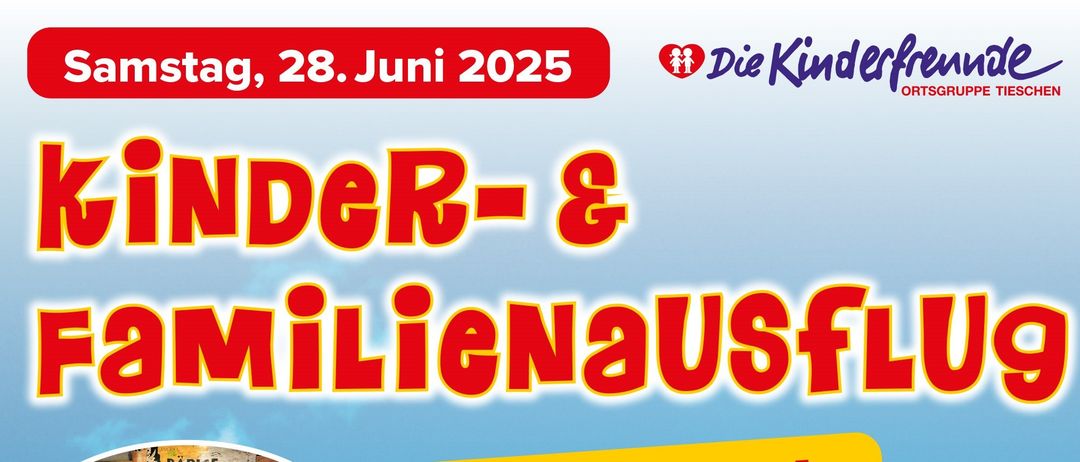 Ein Plakat für einen Familienausflug im Familypark in St. Margarethen, Österreich, am 28. Juni 2025. Beinhaltet eine Achterbahn, eine Piratenband und eine Wasserrutsche. Kosten 25 Euro. Anmeldeschluss ist der 20. Juni 2025.