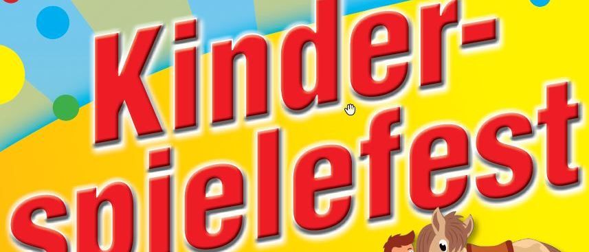 Ein Plakat für Kinder-Spielfest zeigt einen Jungen mit einem Pony. Die Veranstaltung beginnt um 14:00 Uhr. Englischer Text lautet 'A poster for Kinder-Spielfest shows a boy with a pony. Event starts at 2 PM.'