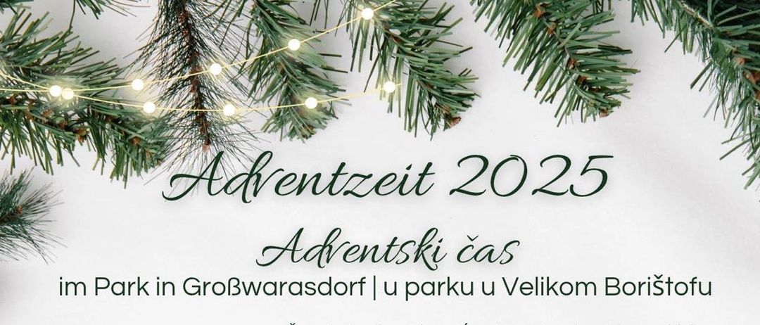 Plakat für Adventveranstaltungen 2025 im Veliki Boristof Park. Vier Veranstaltungen sind geplant: 29. November, 6. Dezember, 13. Dezember und 20. Dezember, alle um 17 Uhr. Jede Veranstaltung beinhaltet Lesungen, das Anzünden von Adventskerzen und wird von verschiedenen Gruppen organisiert.