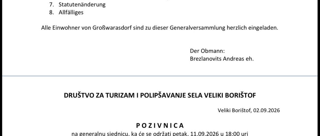 Dokument mit einer Liste von Punkten für eine Generalversammlung am 11.09.2026 um 18:00 Uhr auf dem Sportplatz in Großwarasdorf. Die Liste umfasst Berichte, Genehmigungen und andere Tagesordnungspunkte.