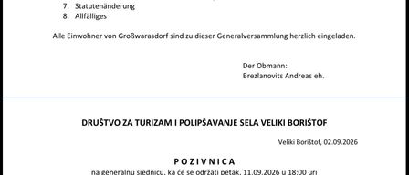 Dokument mit einer Liste von Punkten für eine Generalversammlung am 11.09.2026 um 18:00 Uhr auf dem Sportplatz in Großwarasdorf. Die Liste umfasst Berichte, Genehmigungen und andere Tagesordnungspunkte.