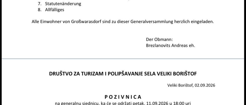 Dokument mit einer Liste von Punkten für eine Generalversammlung am 11.09.2026 um 18:00 Uhr auf dem Sportplatz in Großwarasdorf. Die Liste umfasst Berichte, Genehmigungen und andere Tagesordnungspunkte.