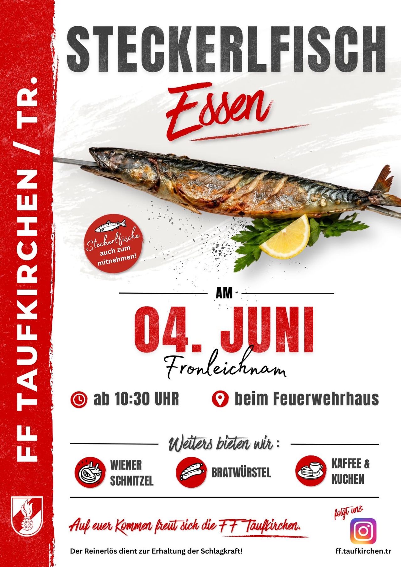 Flyer für eine Fischerei-Veranstaltung in Froleichman am 4. Juni. Es zeigt einen Fisch mit Zitronenscheibe und Petersilie, neben Wiener Schnitzel, Bratwurst und Kaffee. Die Veranstaltung beginnt um 10:30 Uhr beim Feuerwehrhaus.