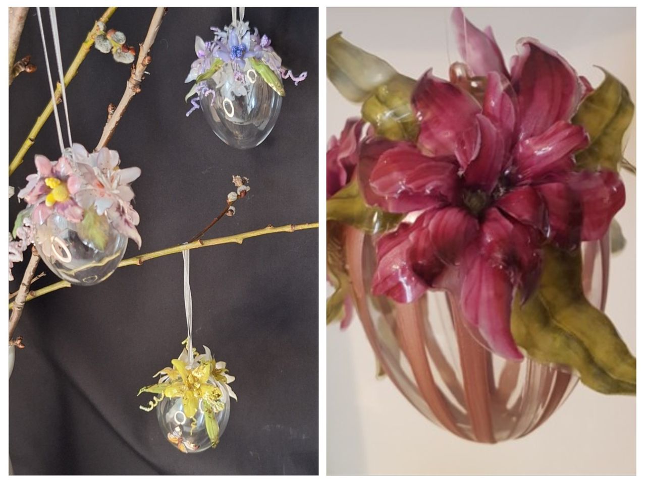 Two glass art flower arrangements. One has a pink flower with green leaves and the other has a yellow flower with purple leaves.