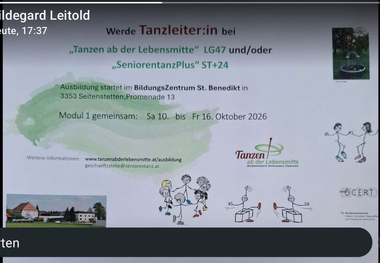 Announcement poster for Tanzleiter training at the St. Benedikt education center in Seitenstetten. Dates for Module 1 are from Saturday, October 10 to Friday, October 16, 2026.
