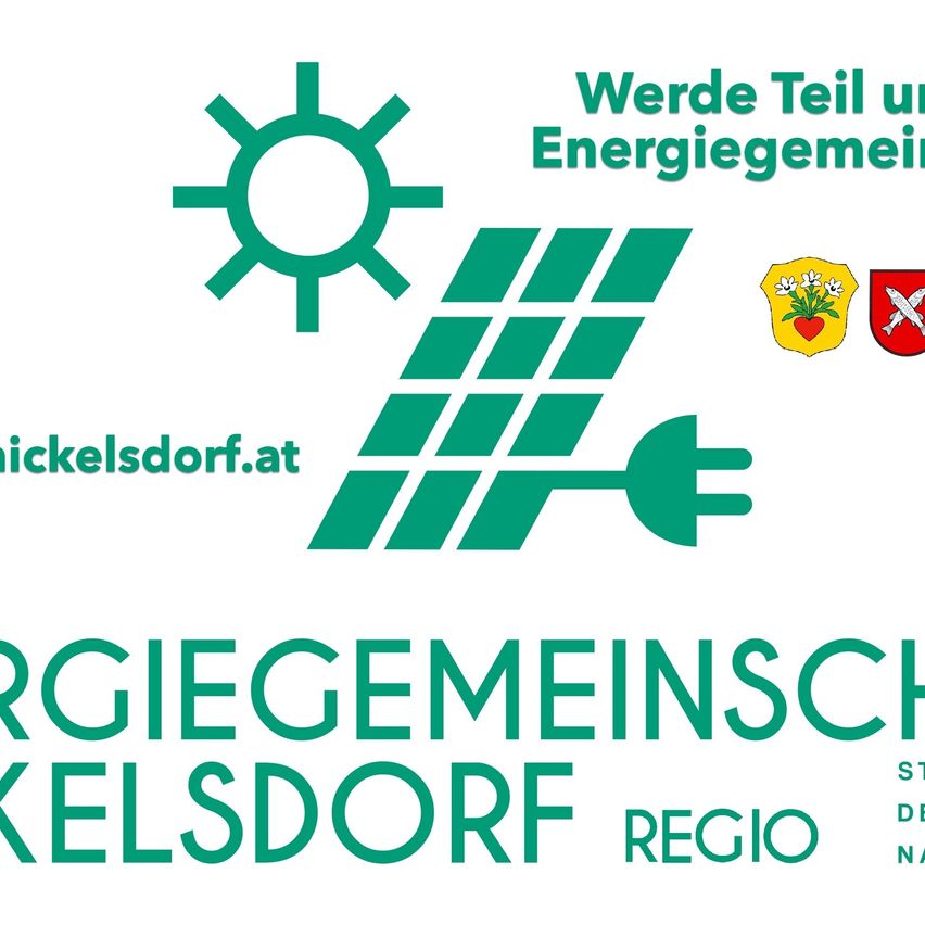 The image features a logo for an energy community in Nickelsdorf. It includes a sun, a solar panel, a plug, and the website address. It reads, 'Become part of the energy community Nickelsdorf.at.'