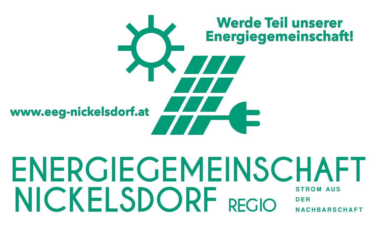 Ein Werbebild für Nickelsdorf, das ein Solarpanel, eine Sonne und einen Stromstecker zeigt und zur Beteiligung an einer regionalen Energiegemeinschaft aufruft.