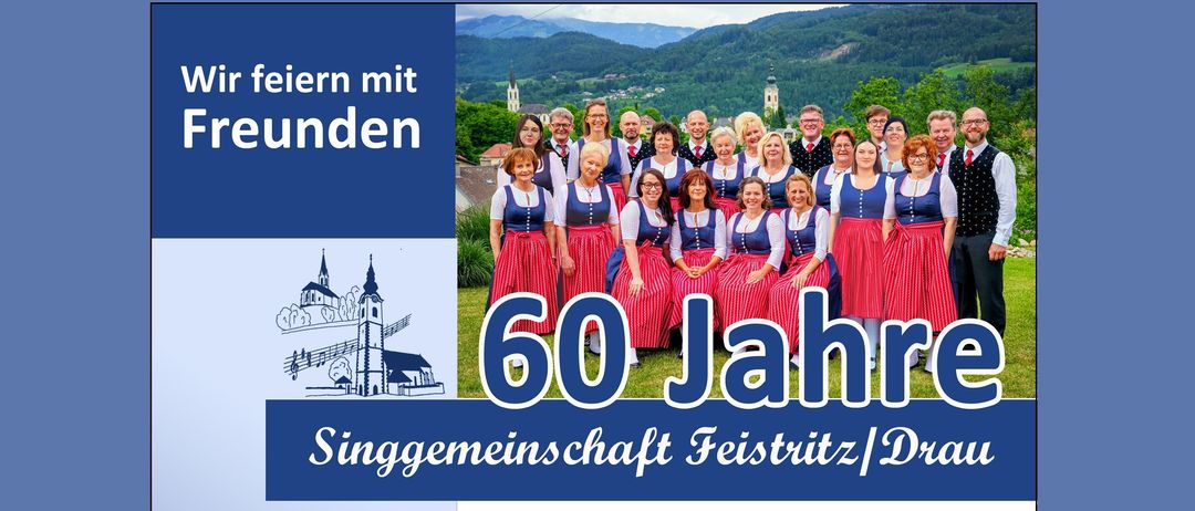 Plakat zur Feier von 60 Jahren eines Gesangvereins mit Gruppenfoto und Veranstaltungsdetails am 20. September. Es listet Teilnehmer, Zeitplan und Sponsoren auf.